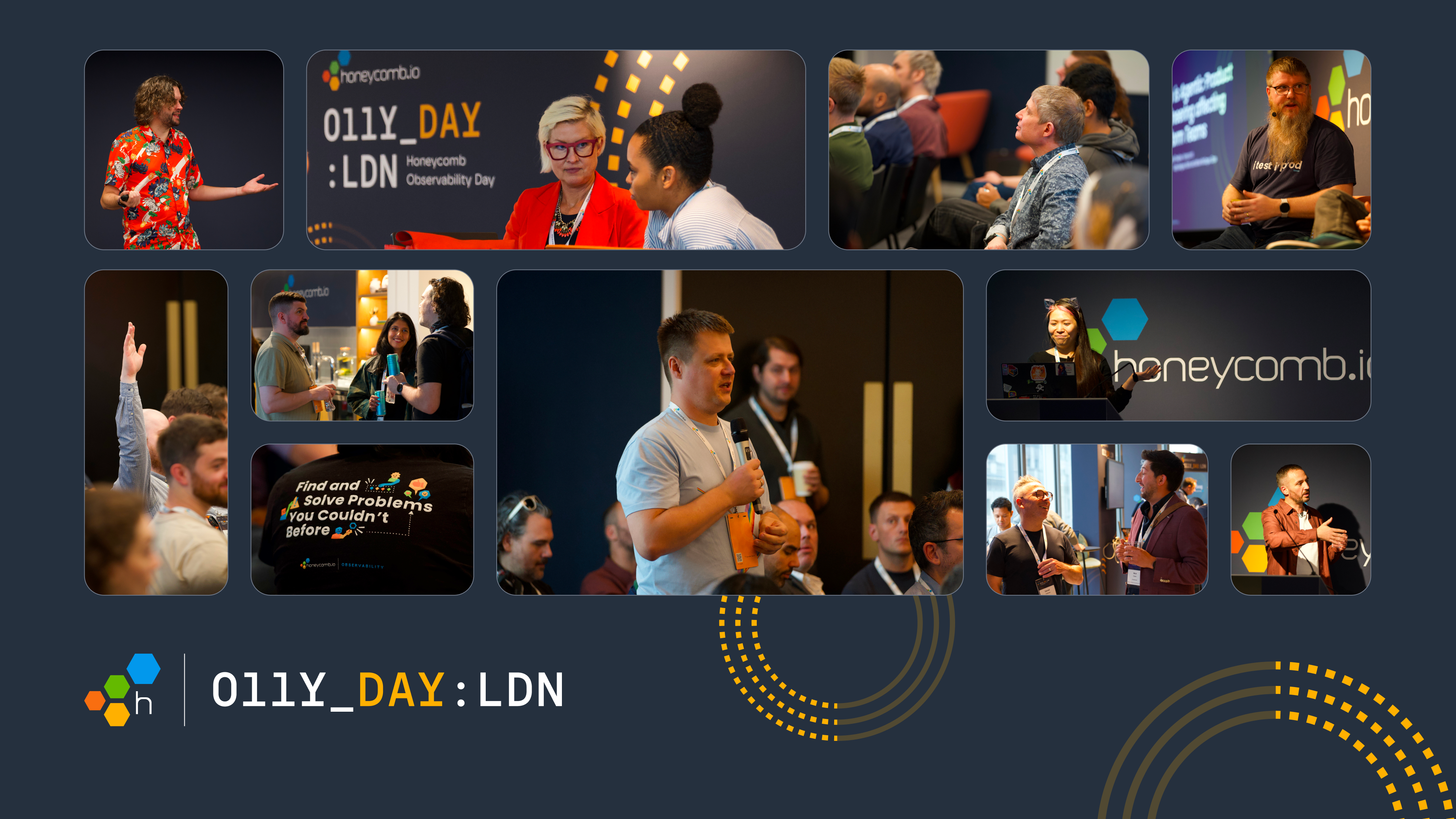 Collage of photos from Honeycomb's O11yDay London event, showing speakers, audience, and networking.
