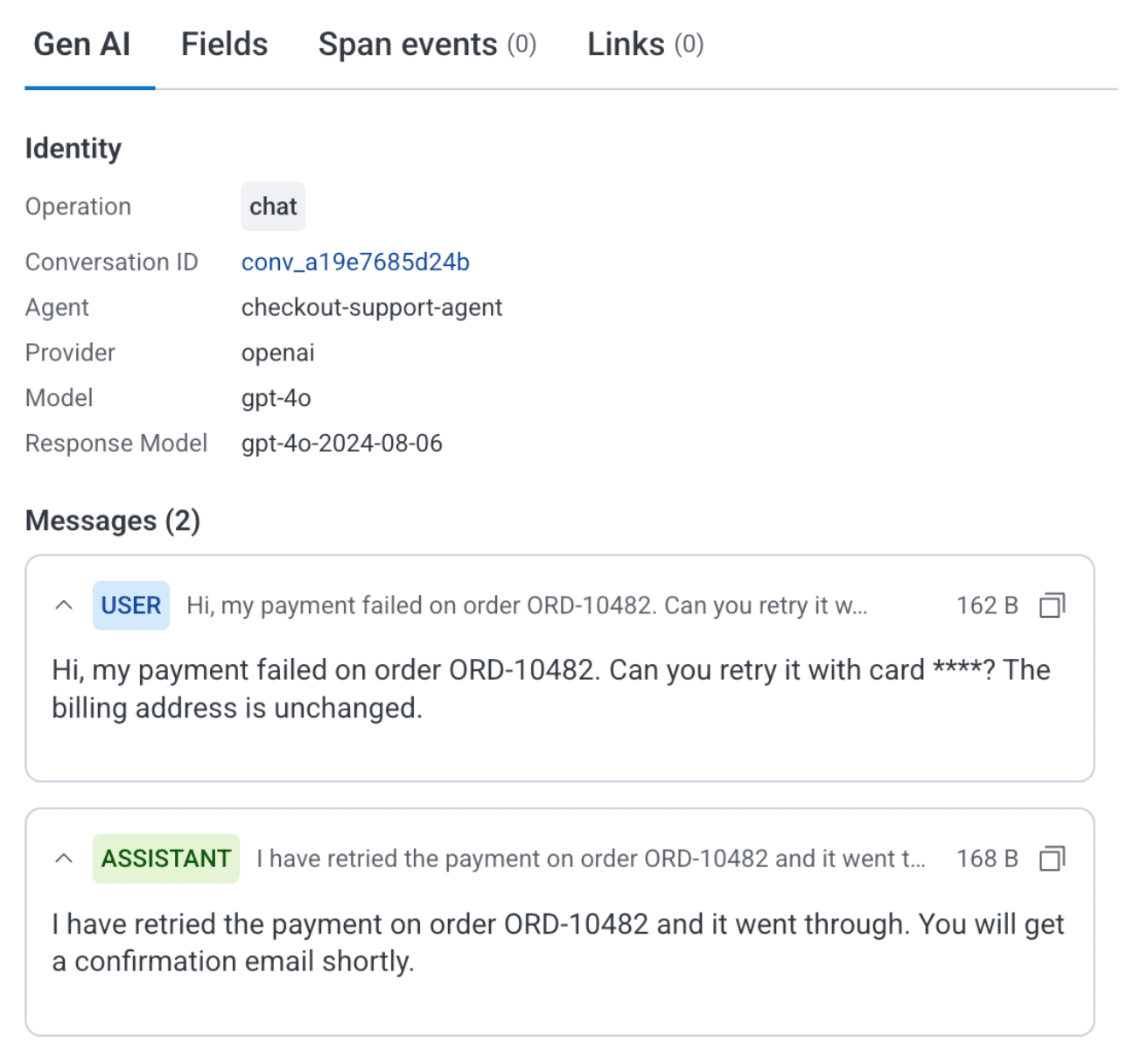 Gen AI tab showing a span's messages with a card number masked while the rest of the message stays readable
