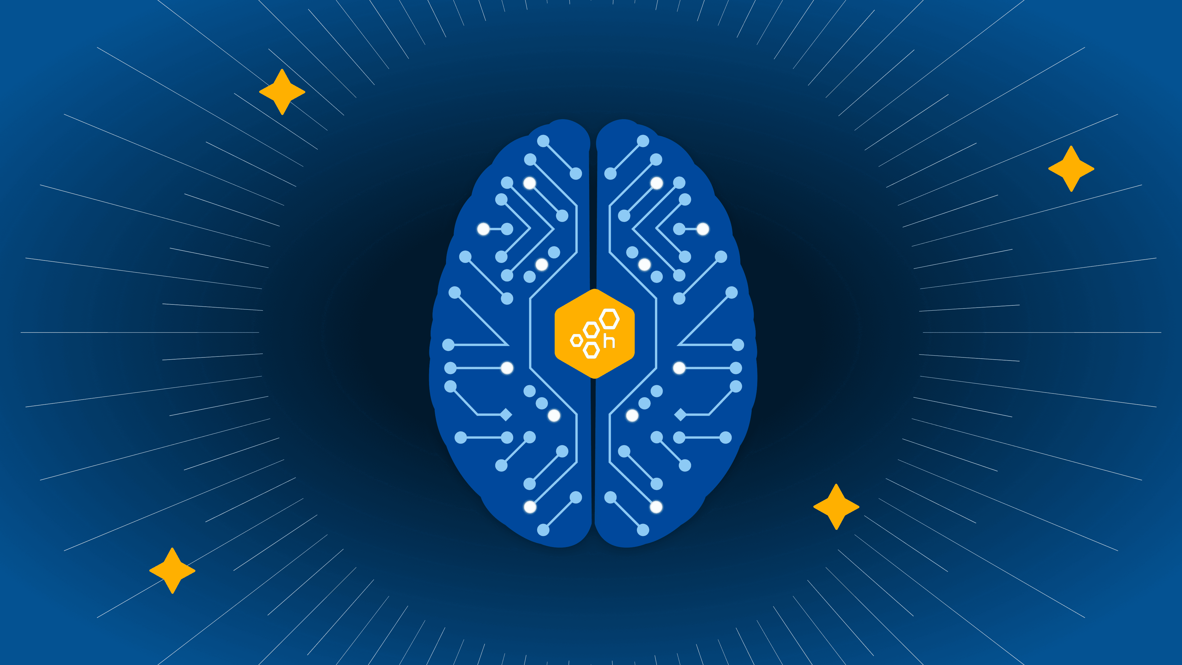 Illustration of a blue circuit board brain with a central yellow hexagonal chip showing gears.