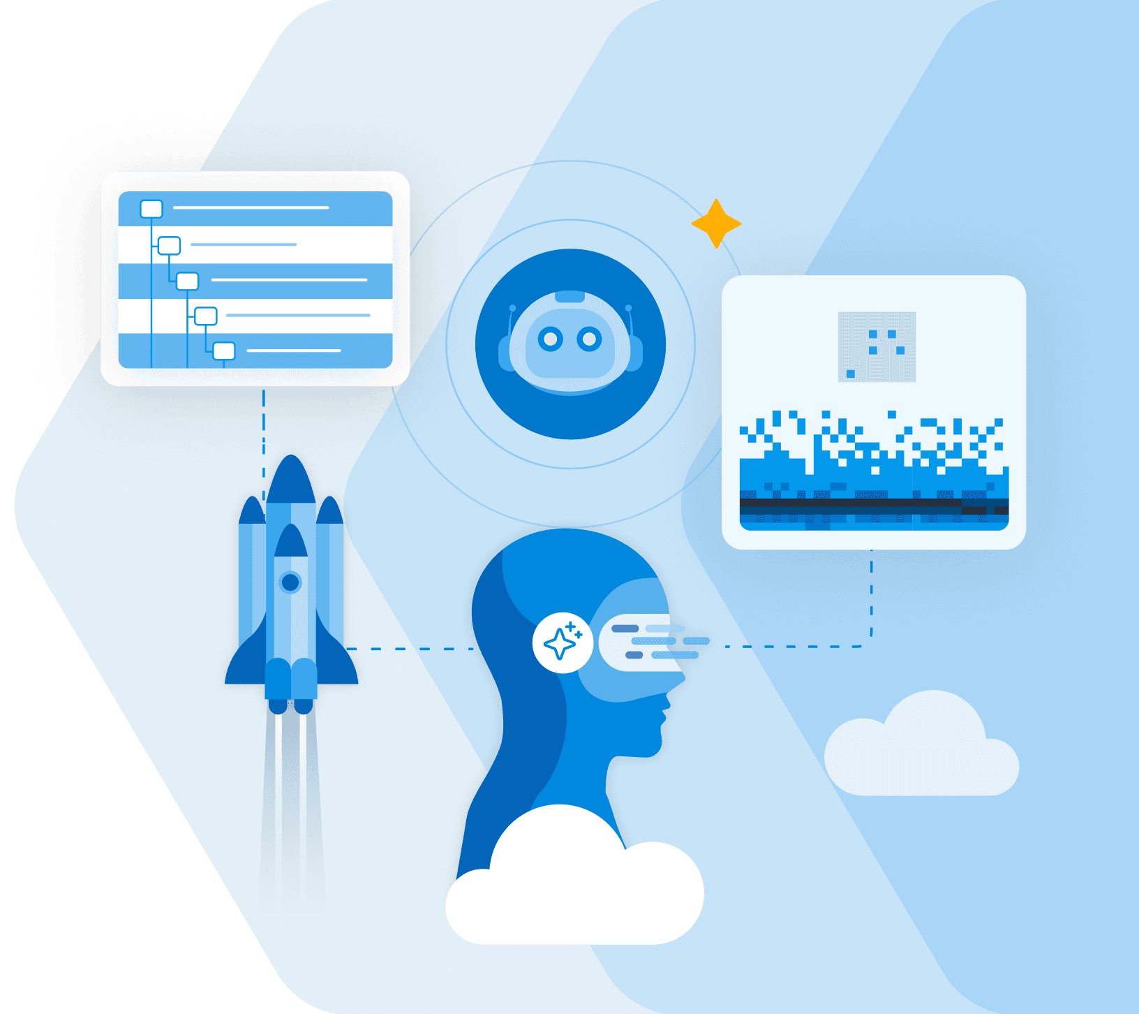 Blue illustration of AI observability for startups featuring a trace waterfall, an AI agent, a rocket launching, a heatmap, and a human profile with AI signals.