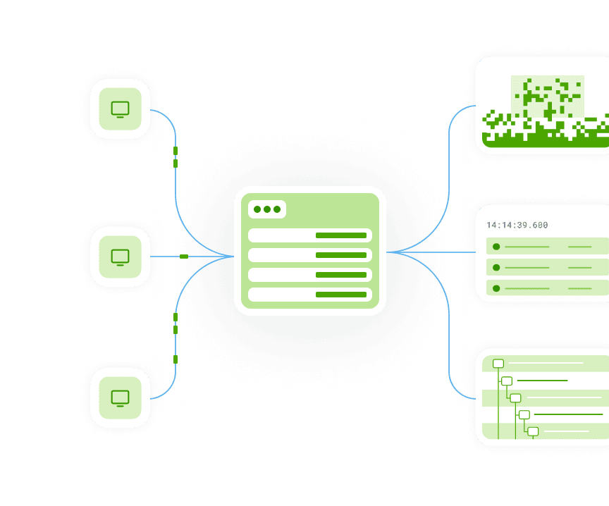 A green and white diagram illustrating data flow from three computer sources to a central processing unit, then branching into three different data visualizations: pixelated data, logs, and a timeline.