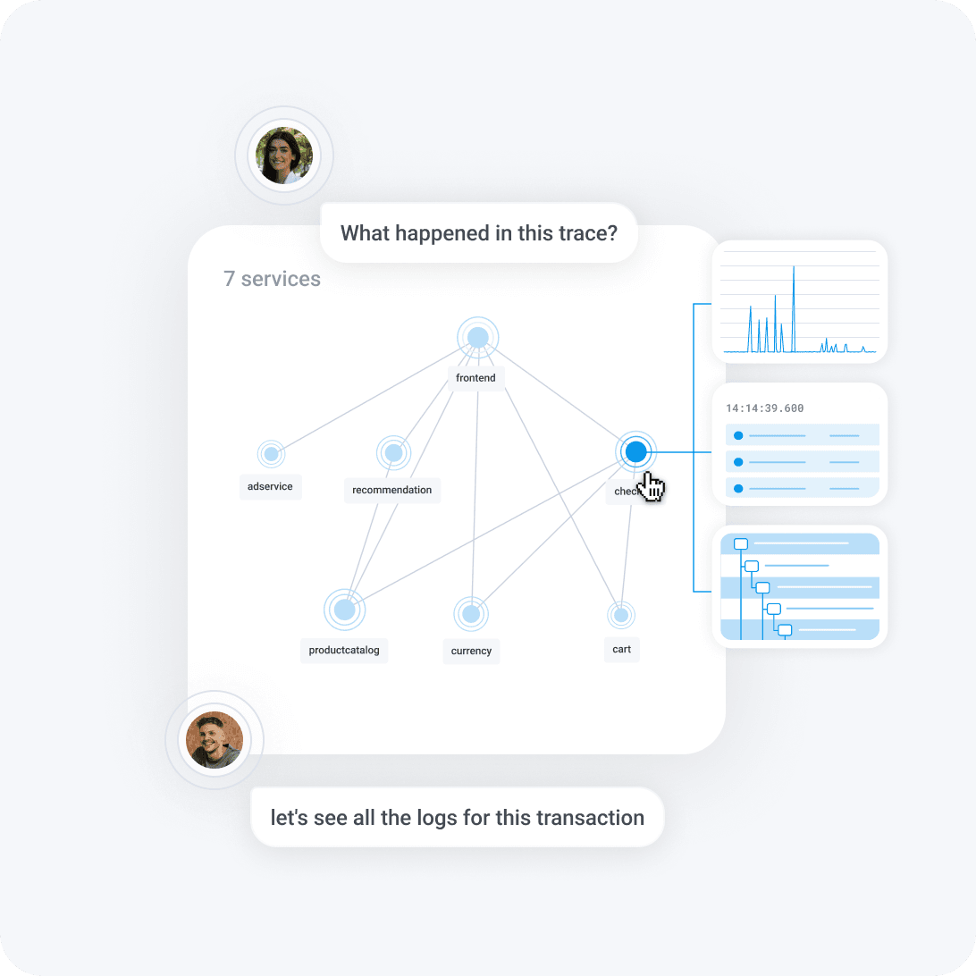 A distributed trace view showing seven services and a request waterfall.