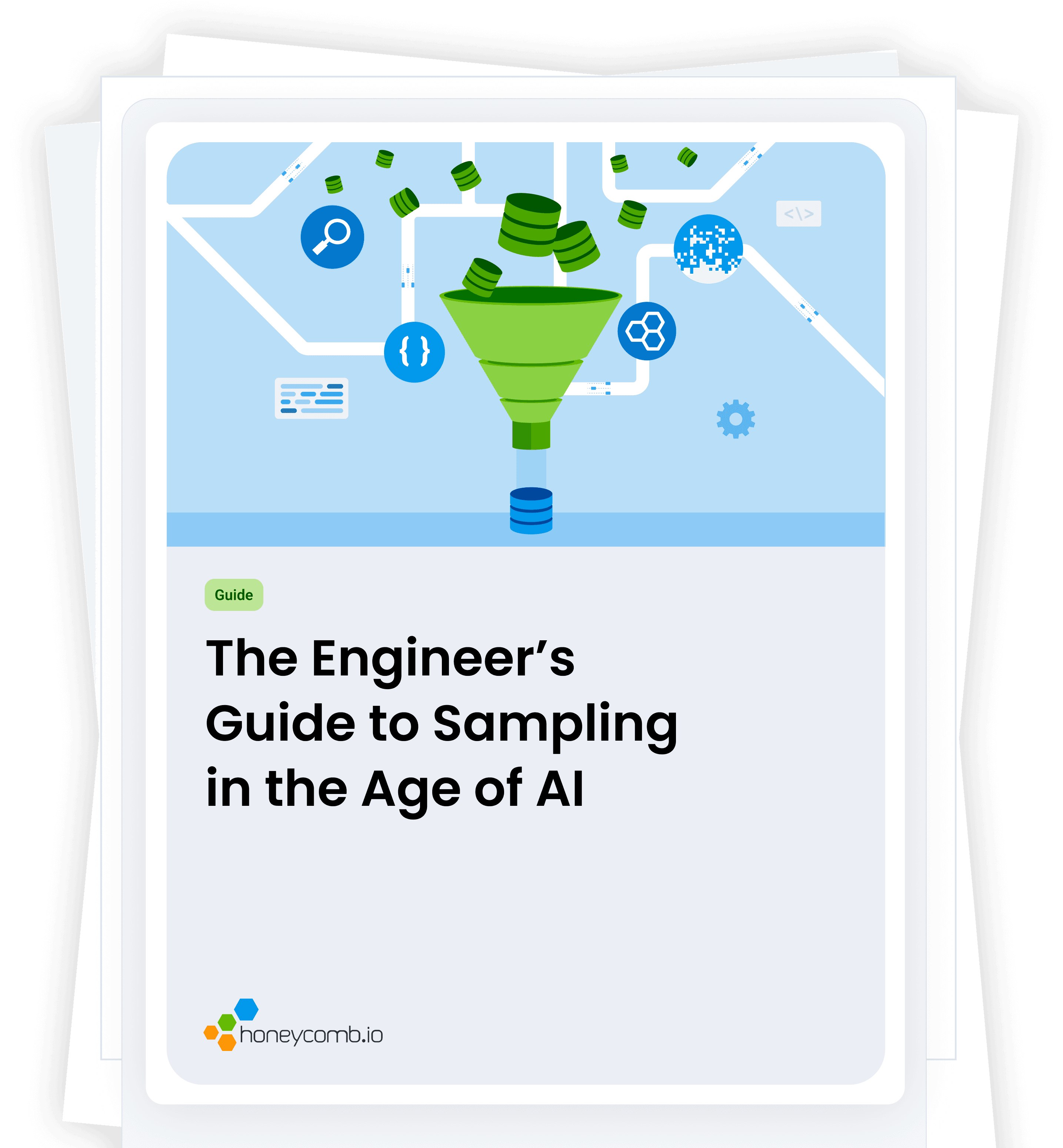 Cover for "The Engineer's Guide to Sampling in the Age of AI," featuring an illustration of data funneling.
