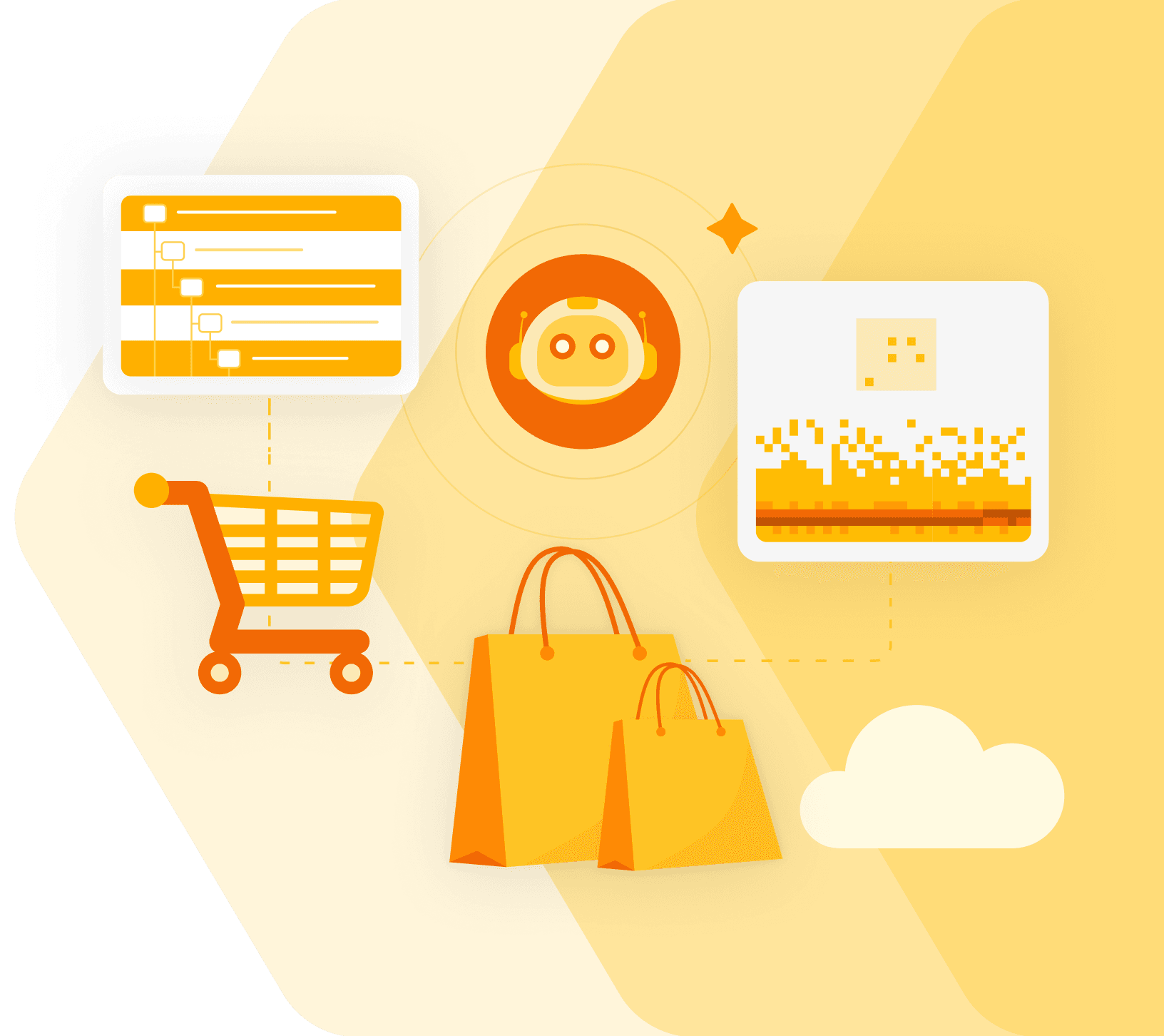 Orange illustration of retail and ecommerce observability featuring a shopping cart, shopping bags, an AI agent, a checkout interface, and telemetry data.