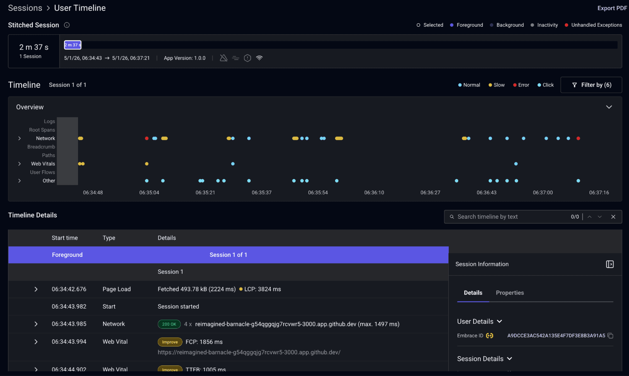 Every user action, network request, and Core Web Vitals was captured on the Embrace side