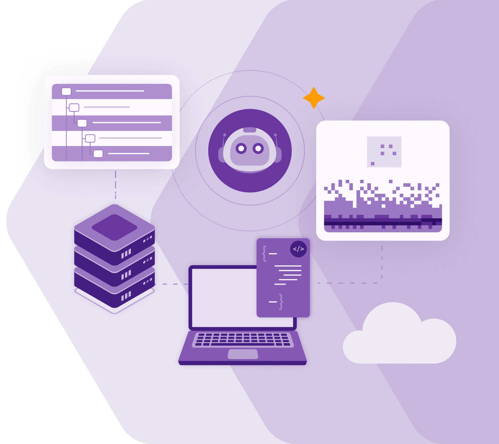 Purple illustration of software and technology observability featuring a distributed trace waterfall, an AI agent, server infrastructure, a laptop with code, and telemetry data.