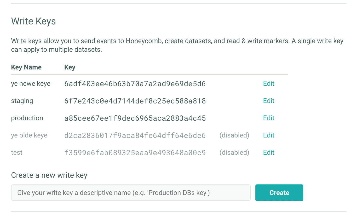 screenshot of Write Key settings